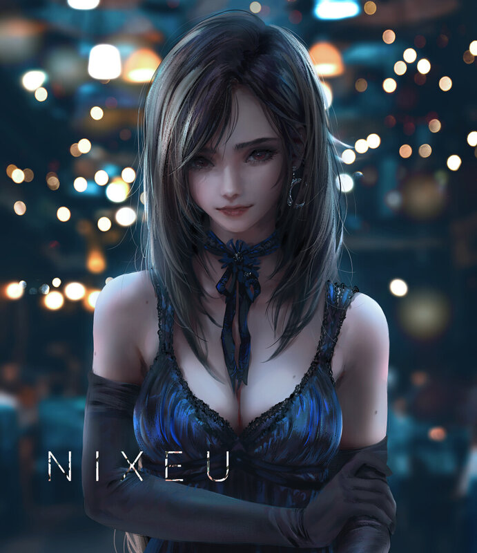 Woman in Blue Dress — Dramatic, Night, Digital Art, Necklace