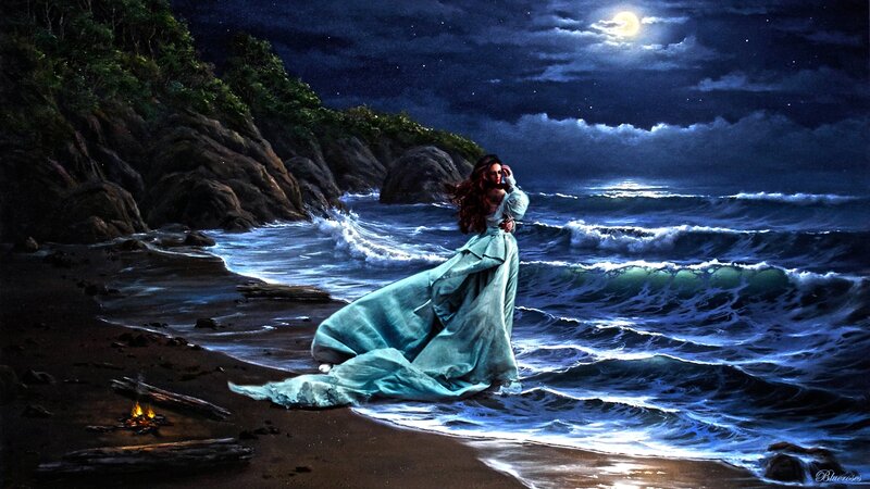 Woman in Blue Dress — Dramatic, Night, Digital Art, Ocean