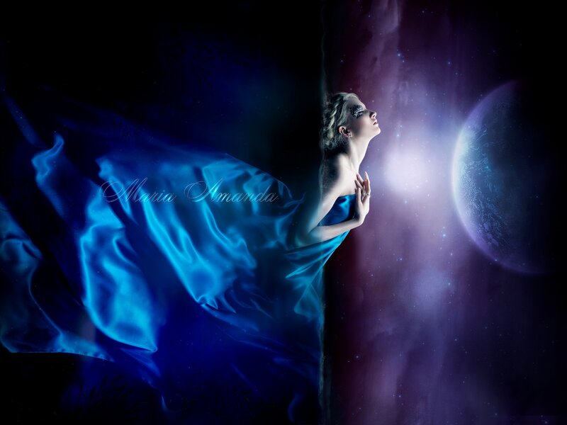 Woman in Blue Dress — Dramatic, Night, Digital Art, Planet