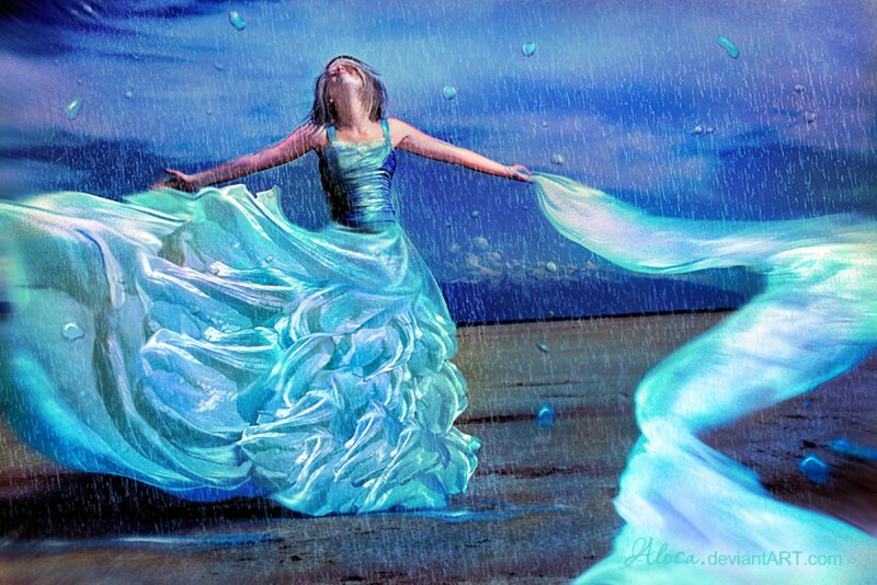 Woman in Blue Dress — Dramatic, Night, Digital Art, Rain, Beach