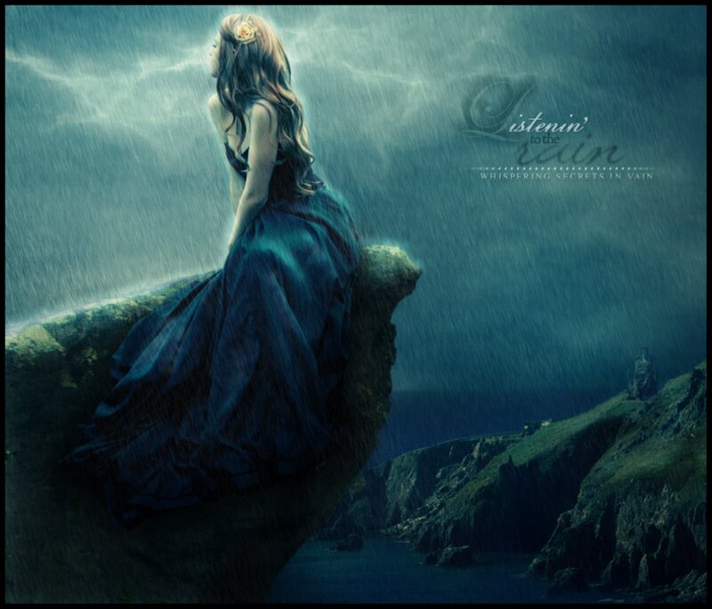 Woman in Blue Dress — Dramatic, Night, Digital Art, Rain, Cliff