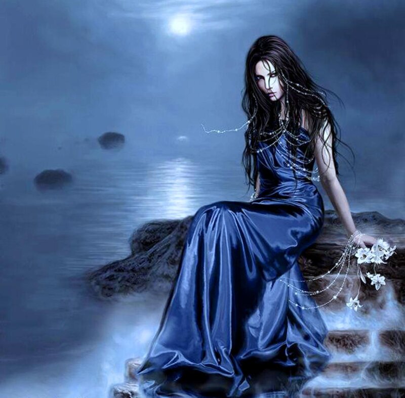 Woman in Blue Dress — Dramatic, Night, Digital Art, Rocks