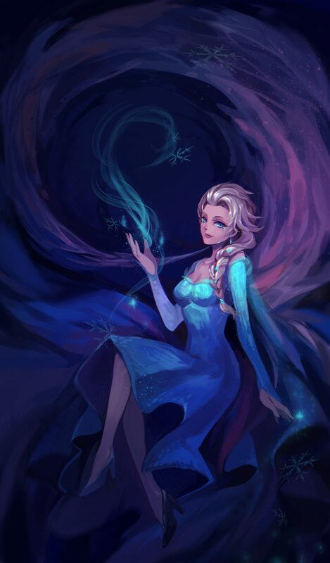 Woman in Blue Dress — Dramatic, Night, Digital Art, Snowflakes, Magic