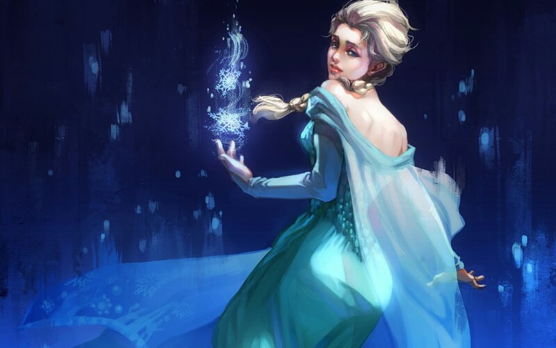 Woman in Blue Dress — Dramatic, Night, Digital Art, Snowflakes