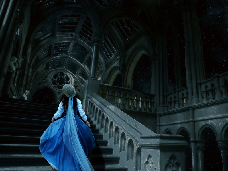 Woman in Blue Dress — Dramatic, Night, Digital Art, Stairs