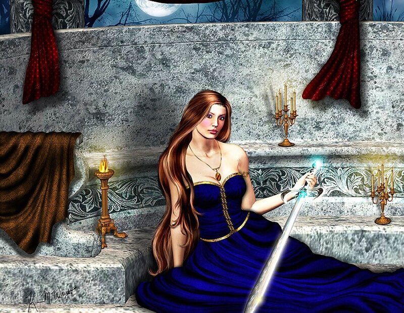 Woman in Blue Dress — Dramatic, Night, Digital Art, Sword, Candlestick
