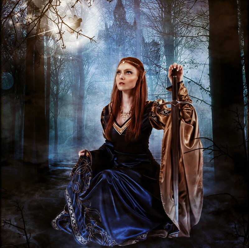 Woman in Blue Dress — Dramatic, Night, Digital Art, Sword, Forest