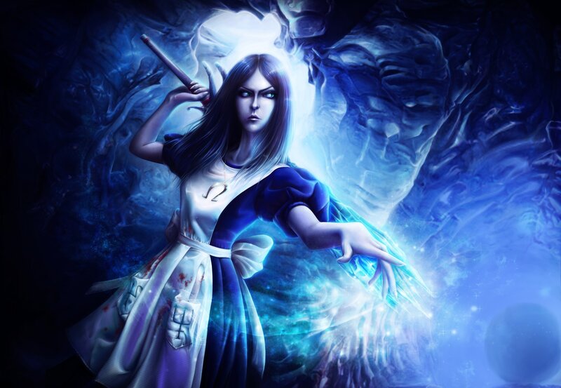 Woman in Blue Dress — Dramatic, Night, Digital Art, Sword, Glowing Light