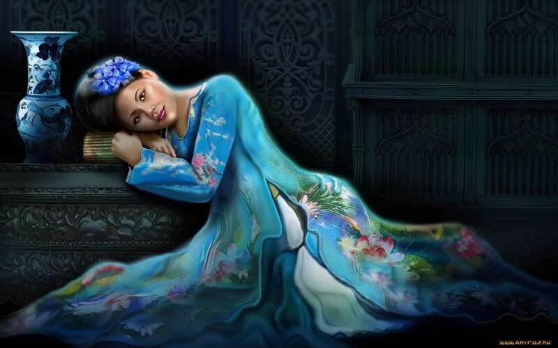 Woman in Blue Dress — Dramatic, Night, Digital Art, Vase