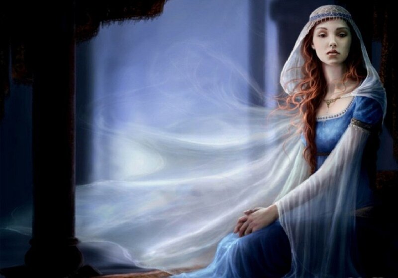 Woman in Blue Dress — Dramatic, Night, Digital Art, Veil