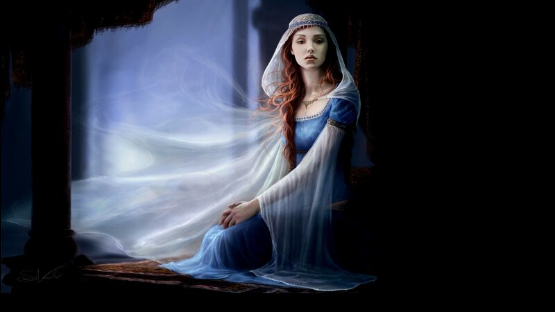 Woman in Blue Dress — Dramatic, Night, Digital Art, Veil, Window