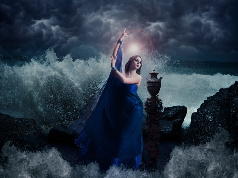 Woman in Blue Dress — Dramatic, Night, Digital Art, Waves, Rocks