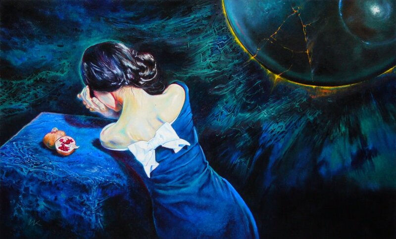 Woman in Blue Dress — Dramatic, Night, Painting, Pomegranate