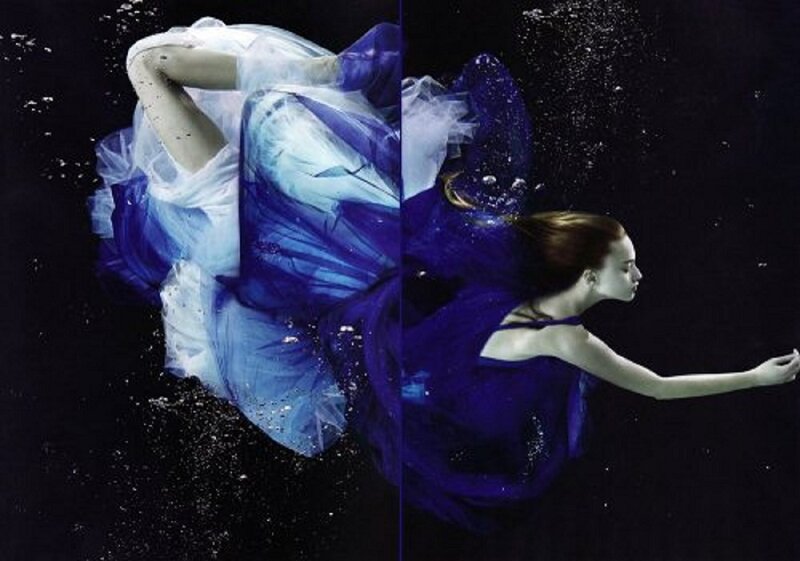 Woman in Blue Dress — Dramatic, Night, Photograph, Bubbles