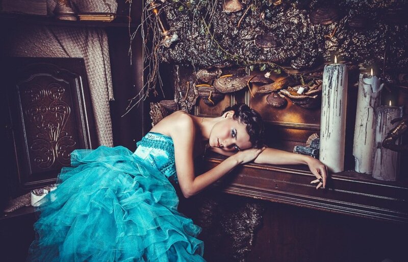 Woman in Blue Dress — Dramatic, Night, Photograph, Candles