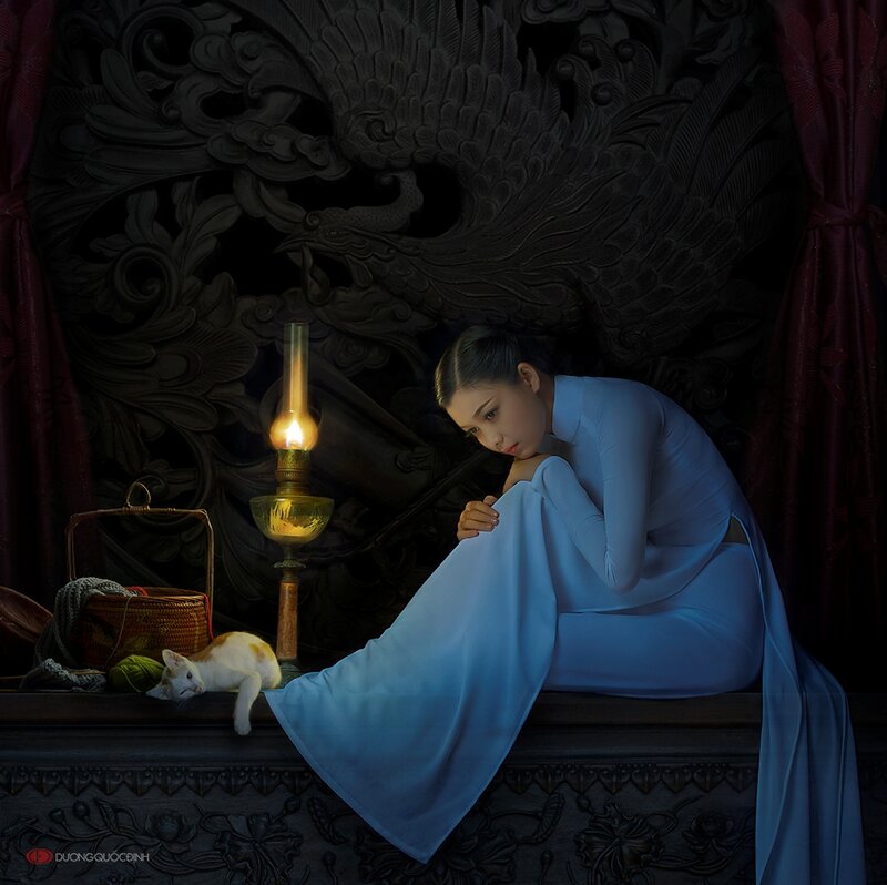 Woman in Blue Dress — Dramatic, Night, Photograph, Cat