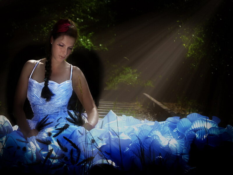 Woman in Blue Dress — Dramatic, Night, Photograph, Feathers