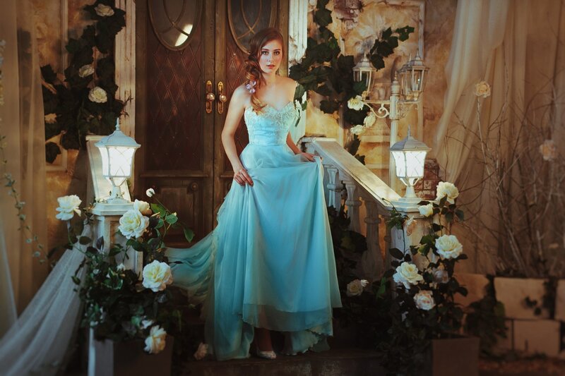 Woman in Blue Dress — Dramatic, Night, Photograph, Flowers