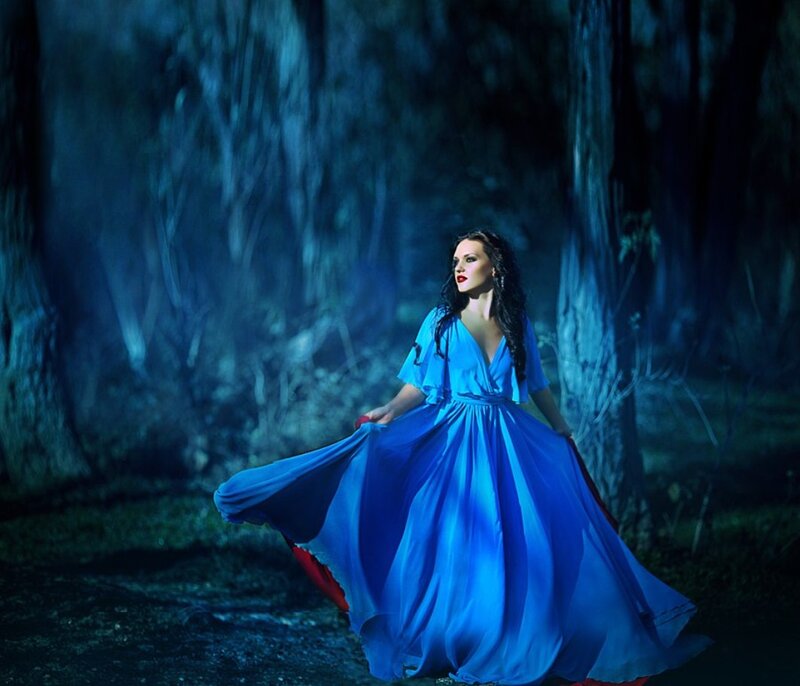 Woman in Blue Dress — Dramatic, Night, Photograph, Forest, Trees