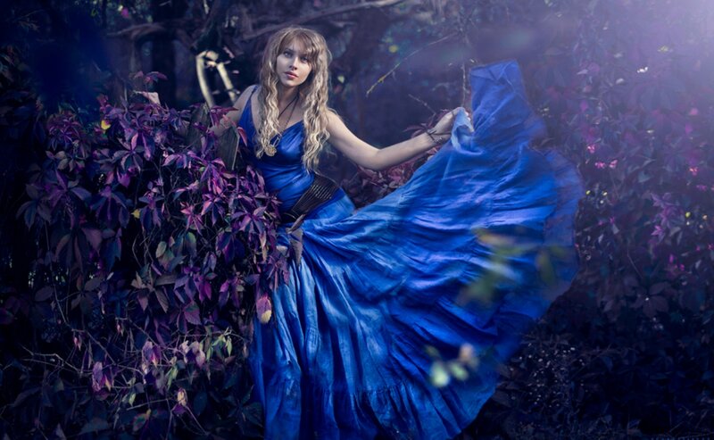 Woman in Blue Dress — Dramatic, Night, Photograph, Plants