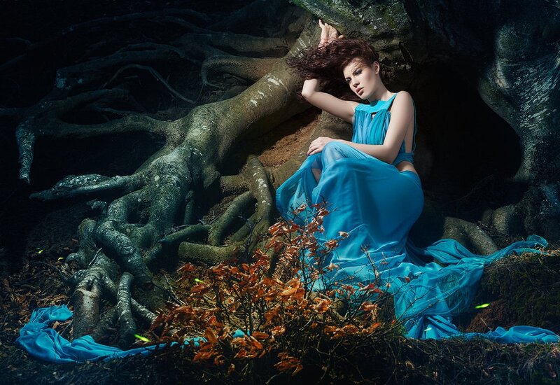 Woman in Blue Dress — Dramatic, Night, Photograph, Tree Roots