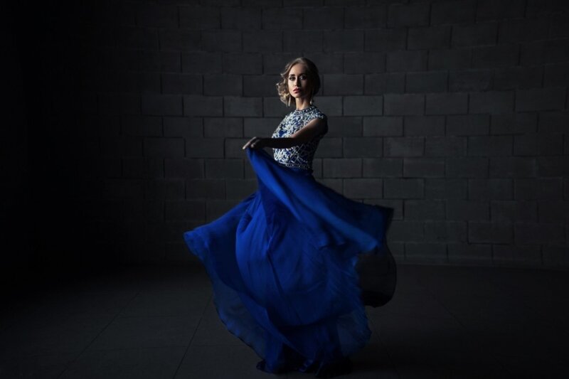 Woman in Blue Dress — Dramatic, Night, Photograph, Wall