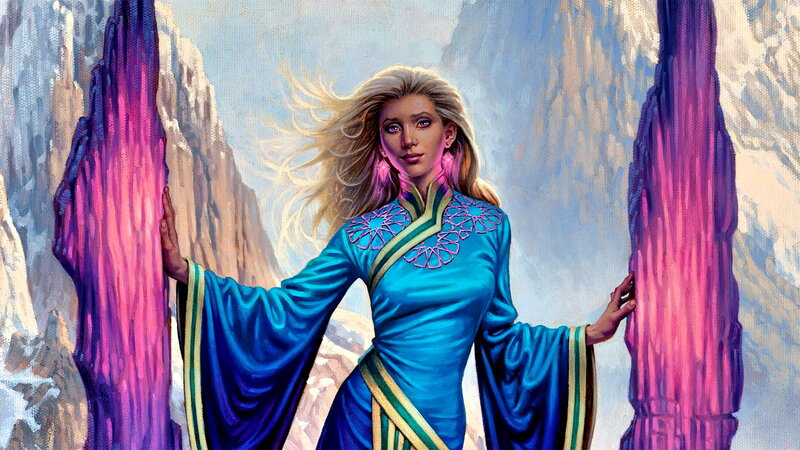 Woman in Blue Dress — Dramatic, Painting, Mountains
