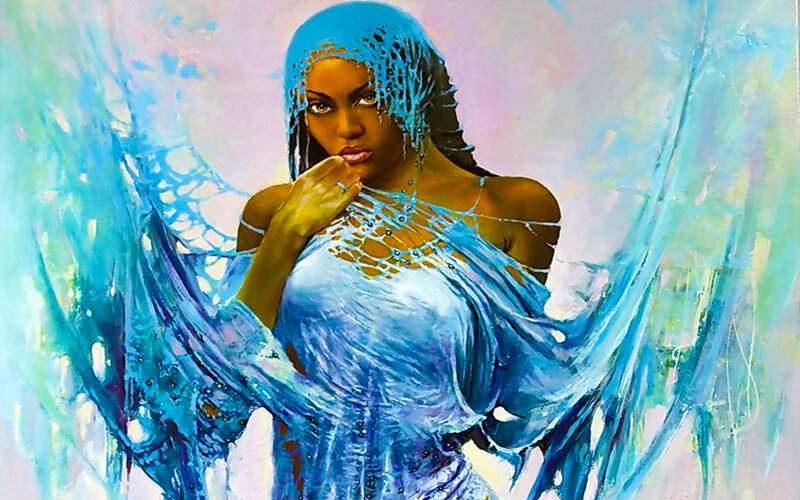 Woman in Blue Dress — Dramatic, Painting, Veil