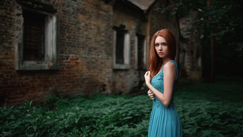 Woman in Blue Dress — Dramatic, Photograph, Abandoned Building