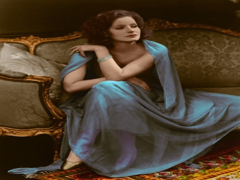 Woman in Blue Dress — Dramatic, Photograph, Couch, Pillow