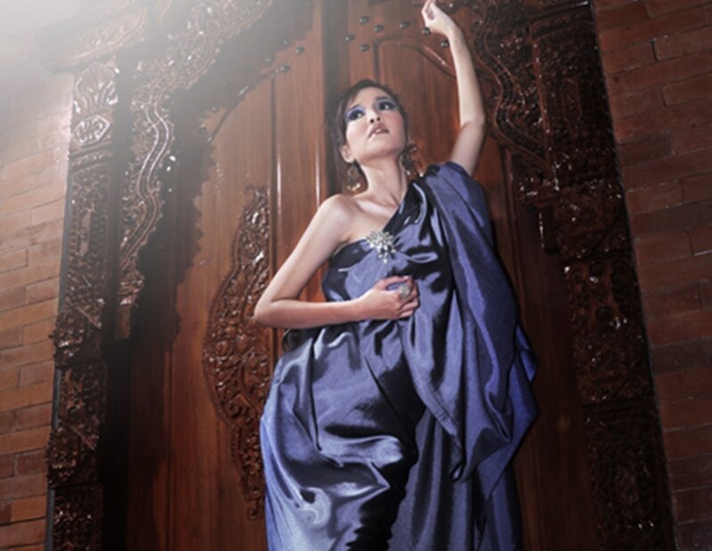 Woman in Blue Dress — Dramatic, Photograph, Door