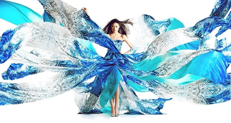 Woman in Blue Dress — Dramatic, Photograph, Fabric