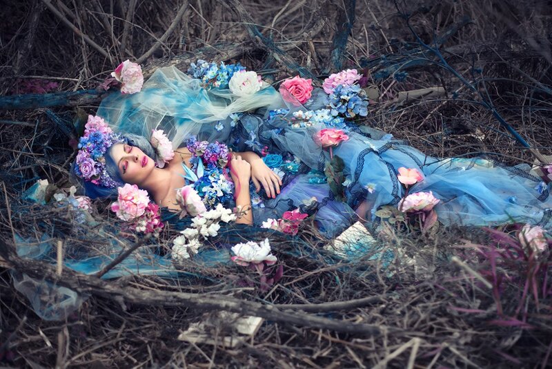 Woman in Blue Dress — Dramatic, Photograph, Flowers, Branches