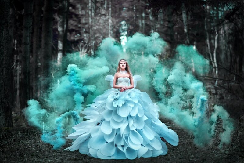 Woman in Blue Dress — Dramatic, Photograph, Forest, Smoke