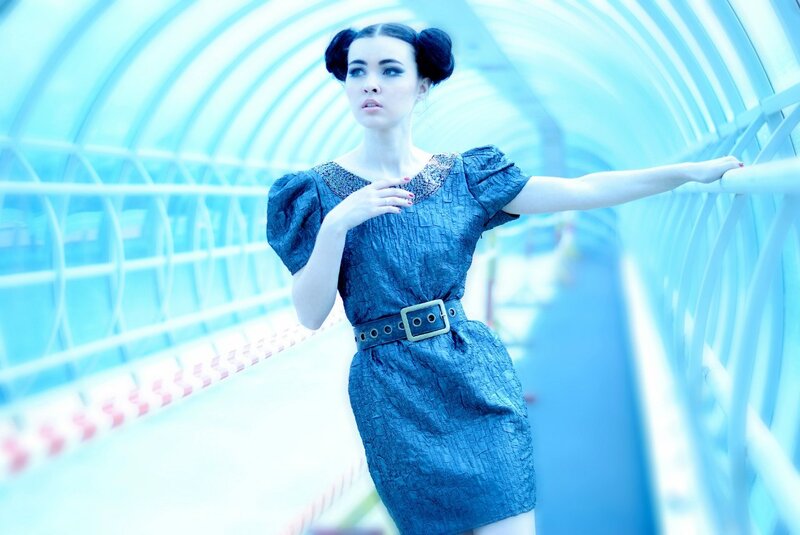 Woman in Blue Dress — Dramatic, Photograph, Hair Buns