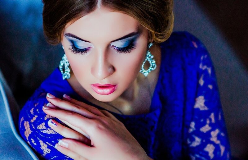 Woman in Blue Dress — Dramatic, Photograph, Makeup, Earrings