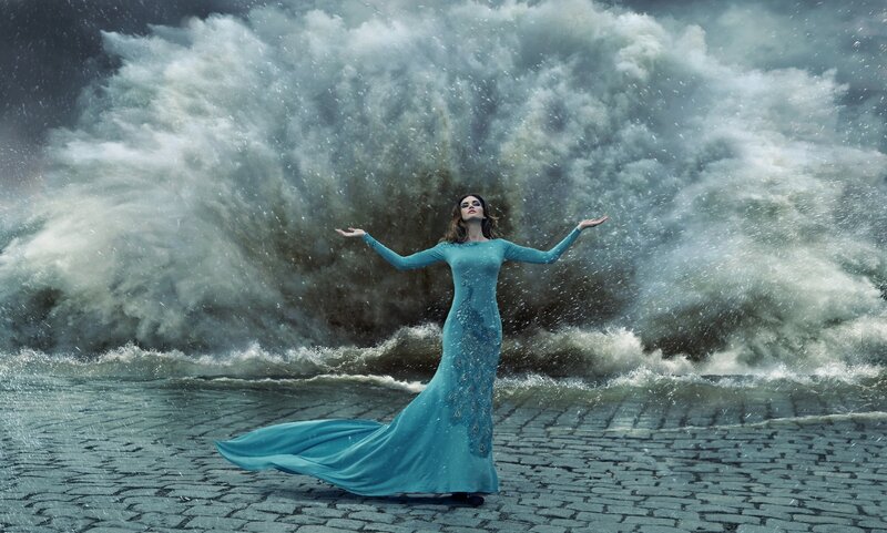 Woman in Blue Dress — Dramatic, Photograph, Ocean Wave
