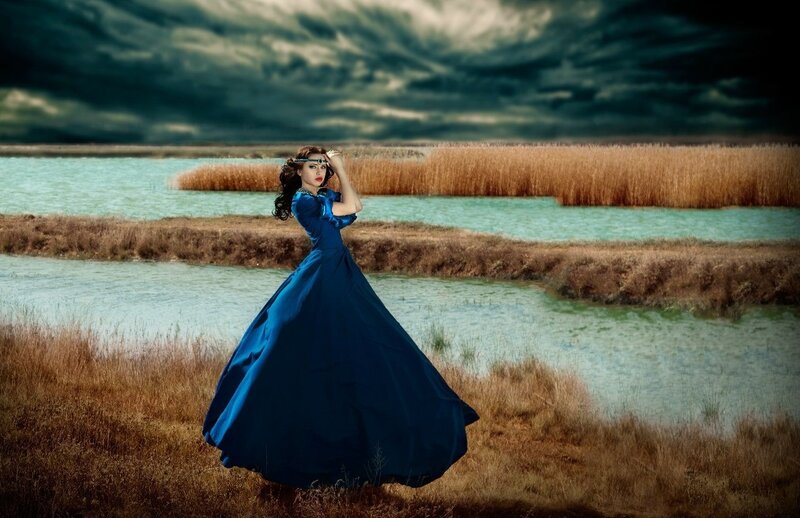 Woman in Blue Dress — Dramatic, Photograph, Reeds