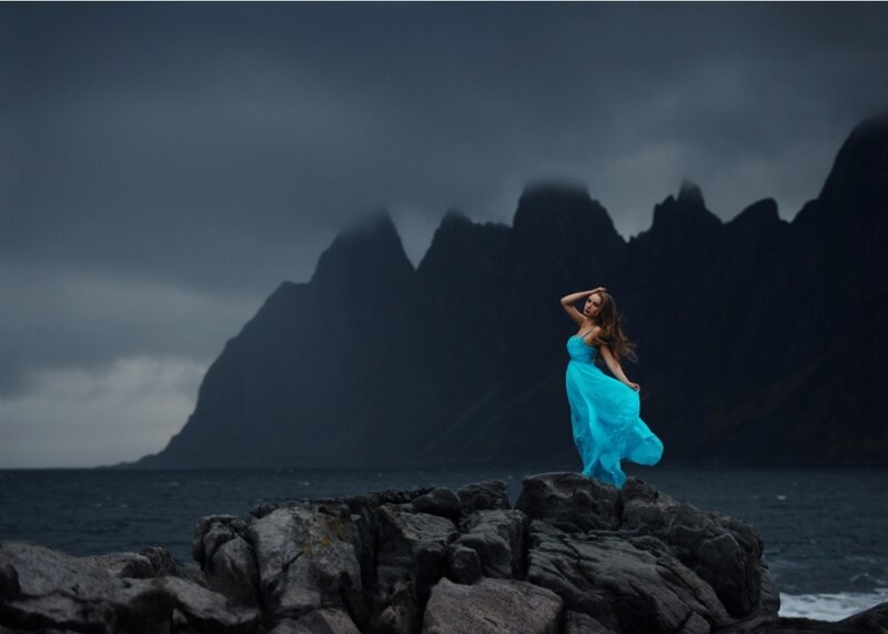 Woman in Blue Dress — Dramatic, Photograph, Rocks, Sea