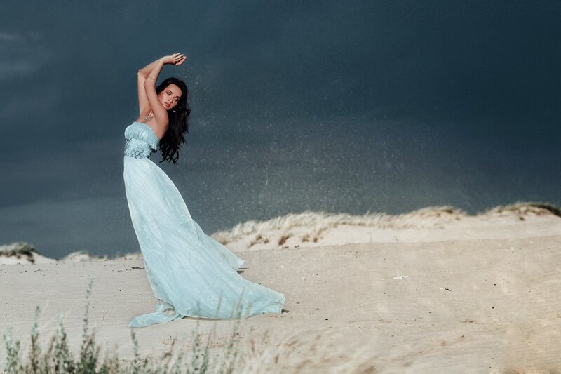 Woman in Blue Dress — Dramatic, Photograph, Sand Dunes