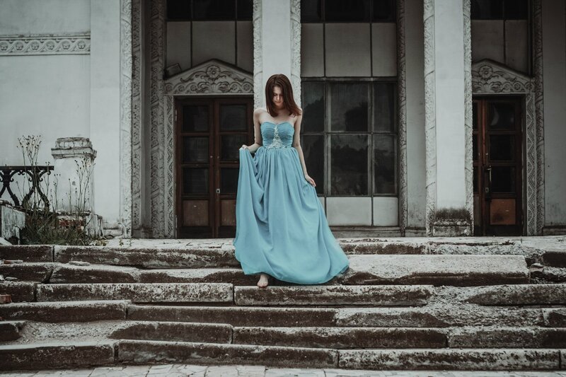 Woman in Blue Dress — Dramatic, Photograph, Steps