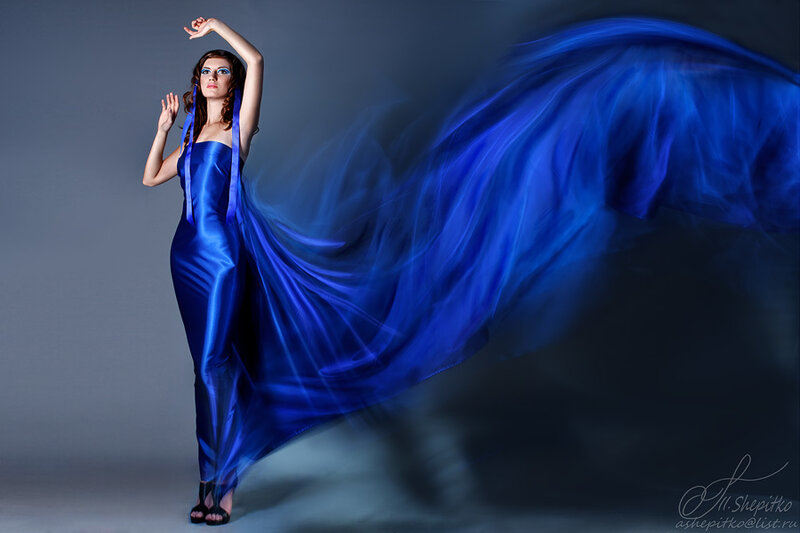 Woman in Blue Dress — Dramatic, Photograph, Studio