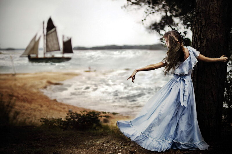 Woman in Blue Dress — Dramatic, Photograph, Tree