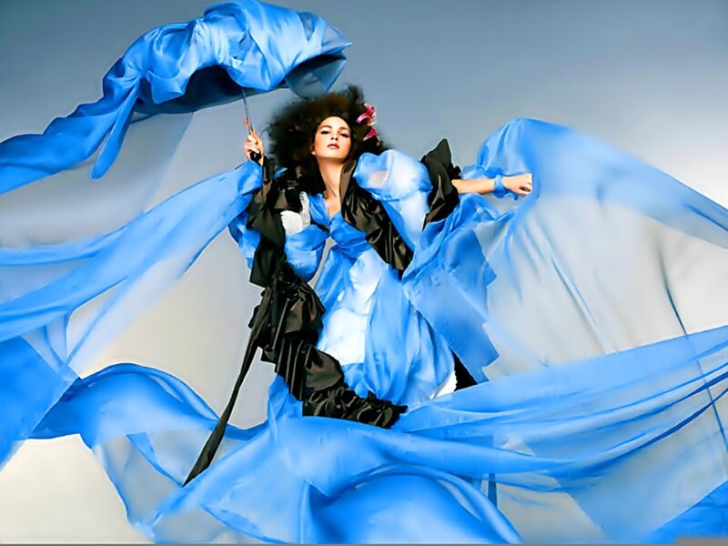 Woman in Blue Dress — Dramatic, Photograph, Umbrella