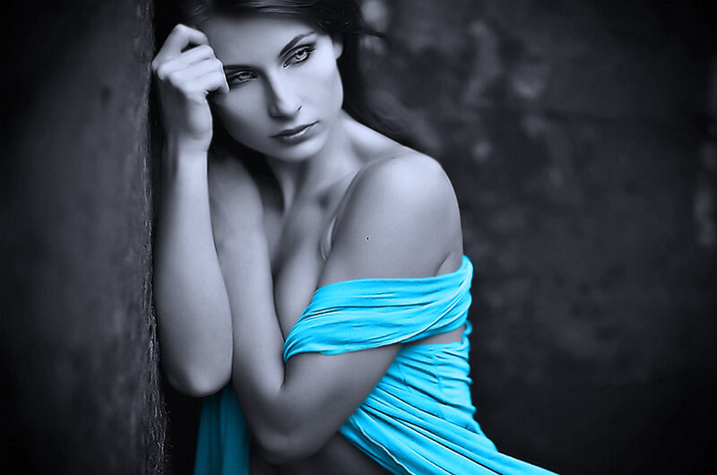 Woman in Blue Dress — Dramatic, Photograph, Wall, Hand