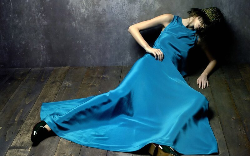 Woman in Blue Dress — Dramatic, Photograph, Wood Floor, Wall, Brown