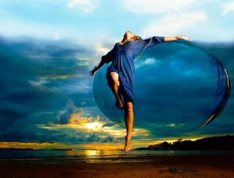 Woman in Blue Dress — Dramatic, Sunset, Digital Art, Beach, Sky