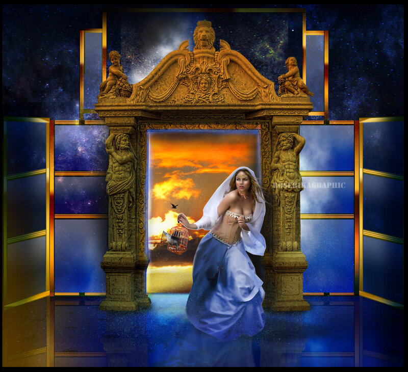 Woman in Blue Dress — Dramatic, Sunset, Digital Art, Birdcage