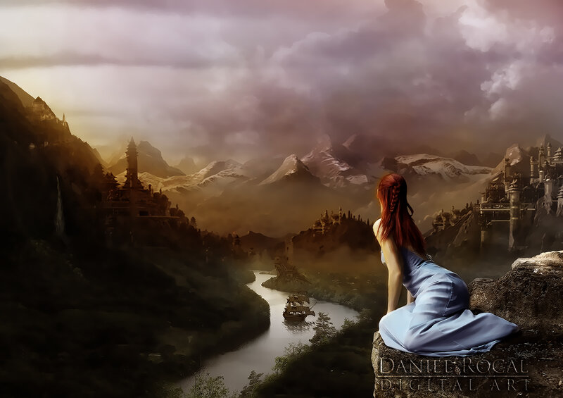 Woman in Blue Dress — Dramatic, Sunset, Digital Art, Castle, River