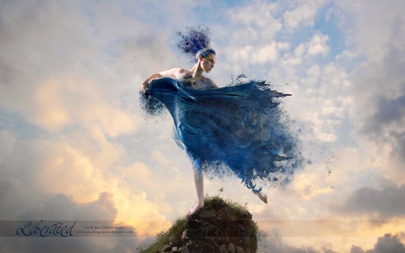 Woman in Blue Dress — Dramatic, Sunset, Digital Art, Clouds
